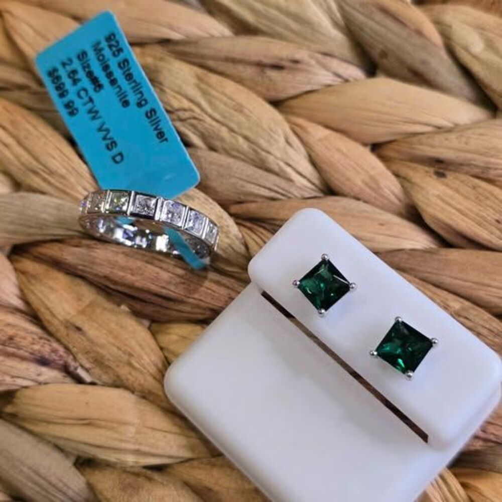 Sterling Silver Moissanite Ring Size 6 and Green nano sterling earrings